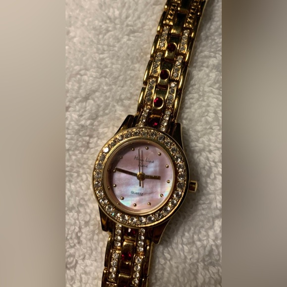 #J946 - Main Line Time Brand Gold-tone w/Red & Clear CZ Accents Ladies Watch - Picture 3 of 13